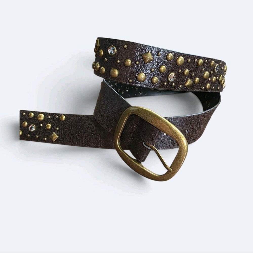 Studded Rhinestone Faux Leather Belt Brass Hardware Brown